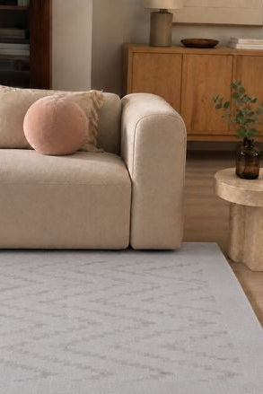 Großer grauer Teppich mit geometrischem Muster aus neuseeländischer Wolle und Viskose