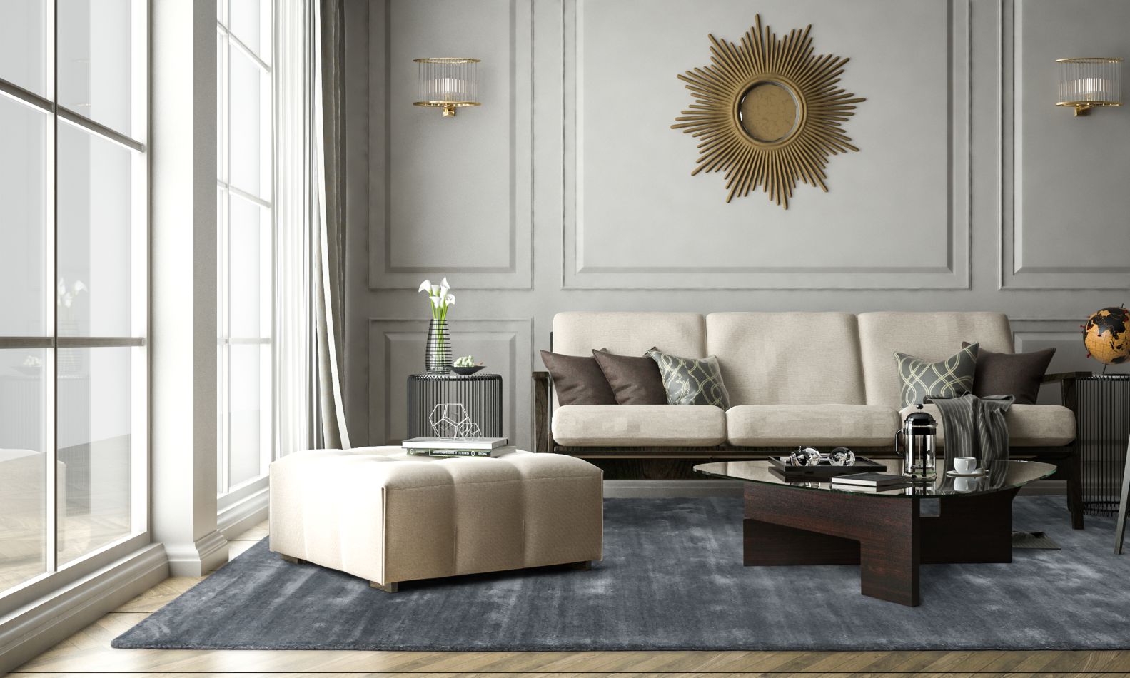 Tapis chaleureux blanc gris laine viscose intégré dans un salon moderne — ambiance confortable