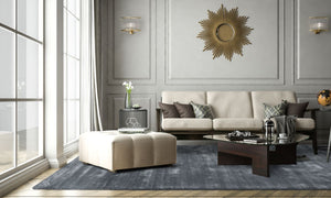 Tapis chaleureux blanc gris laine viscose intégré dans un salon moderne — ambiance confortable