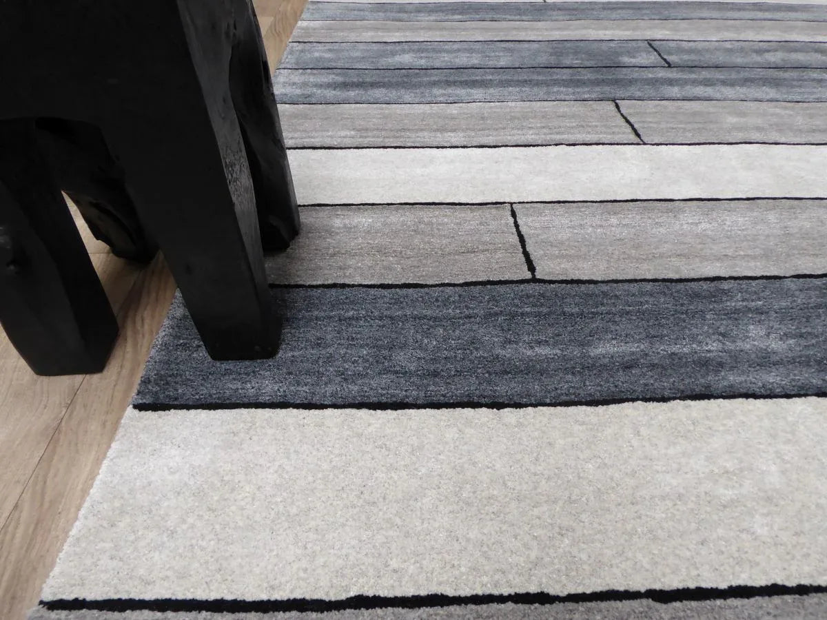 Tapis Mutza Bleu, Gris et Blanc – Laine & Viscose – Tufté Main - Tapis Contemporains à Prix Outlet - Bel-Deco