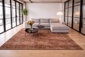 Large rectangular textured area rug in warm brown tones with subtle tonal variations and a slightly distressed linear pattern, styled in a bright modern industrial loft living room with a light gray sectional sofa, black coffee tables, indoor plant, and floor-to-ceiling steel-framed glass windows letting in soft natural daylight.