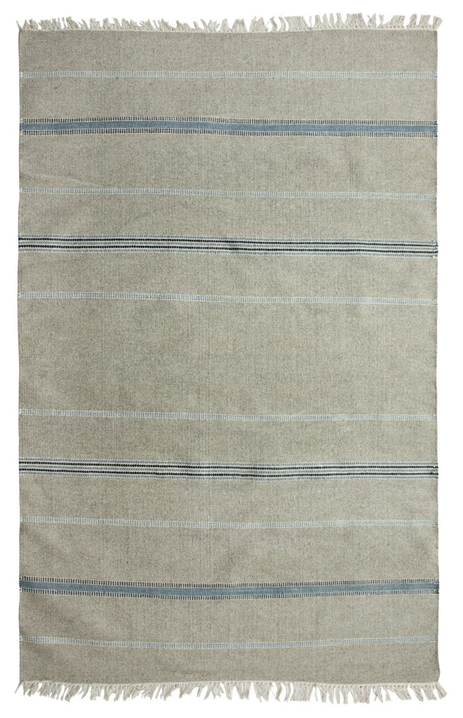 Tapis Tussa beige à rayures avec franges authentiques, en coton et laine, présenté à plat de face