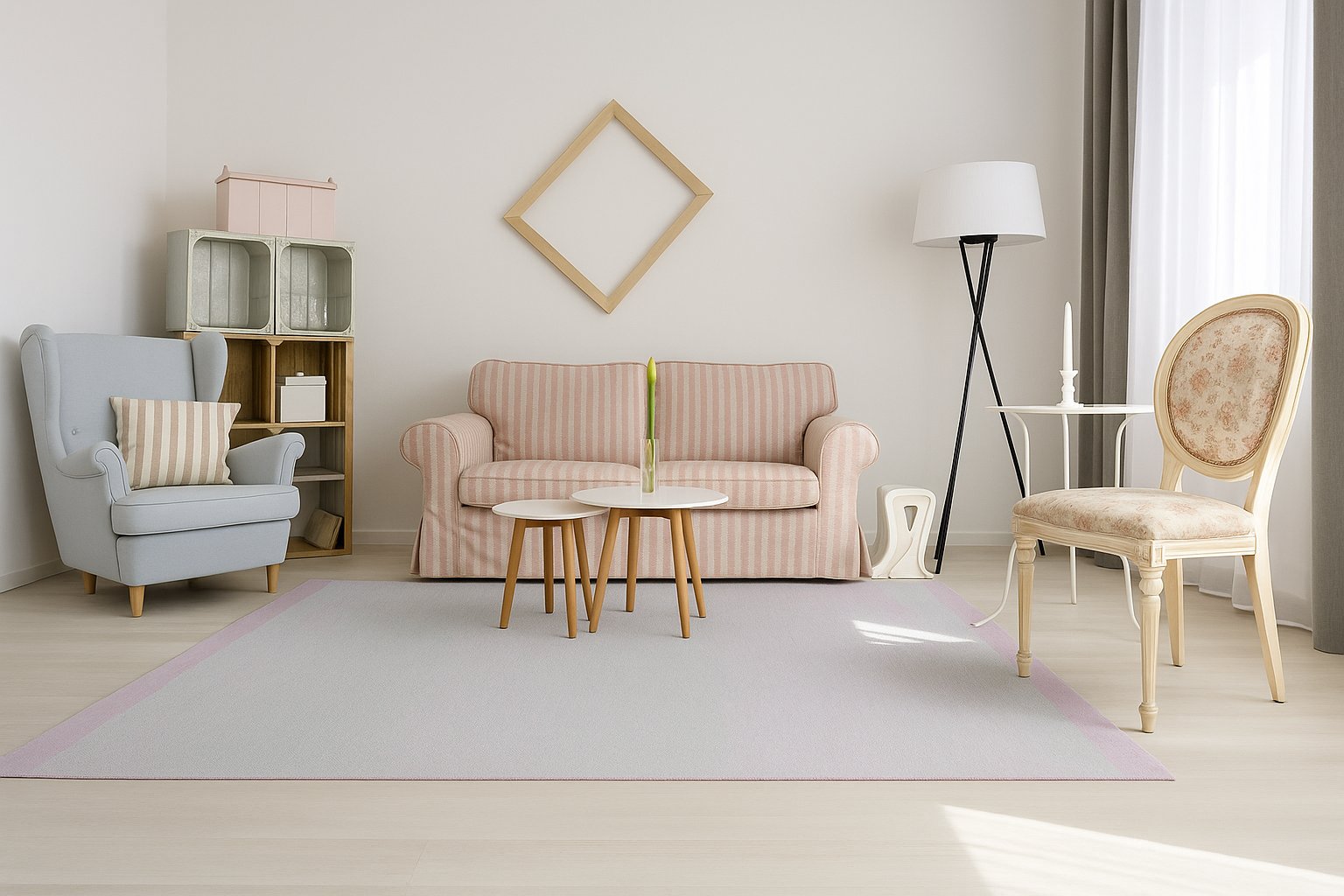 Tapis tissé main rayé gris rose posé dans un salon moderne – ambiance chaleureuse et décor harmonieux