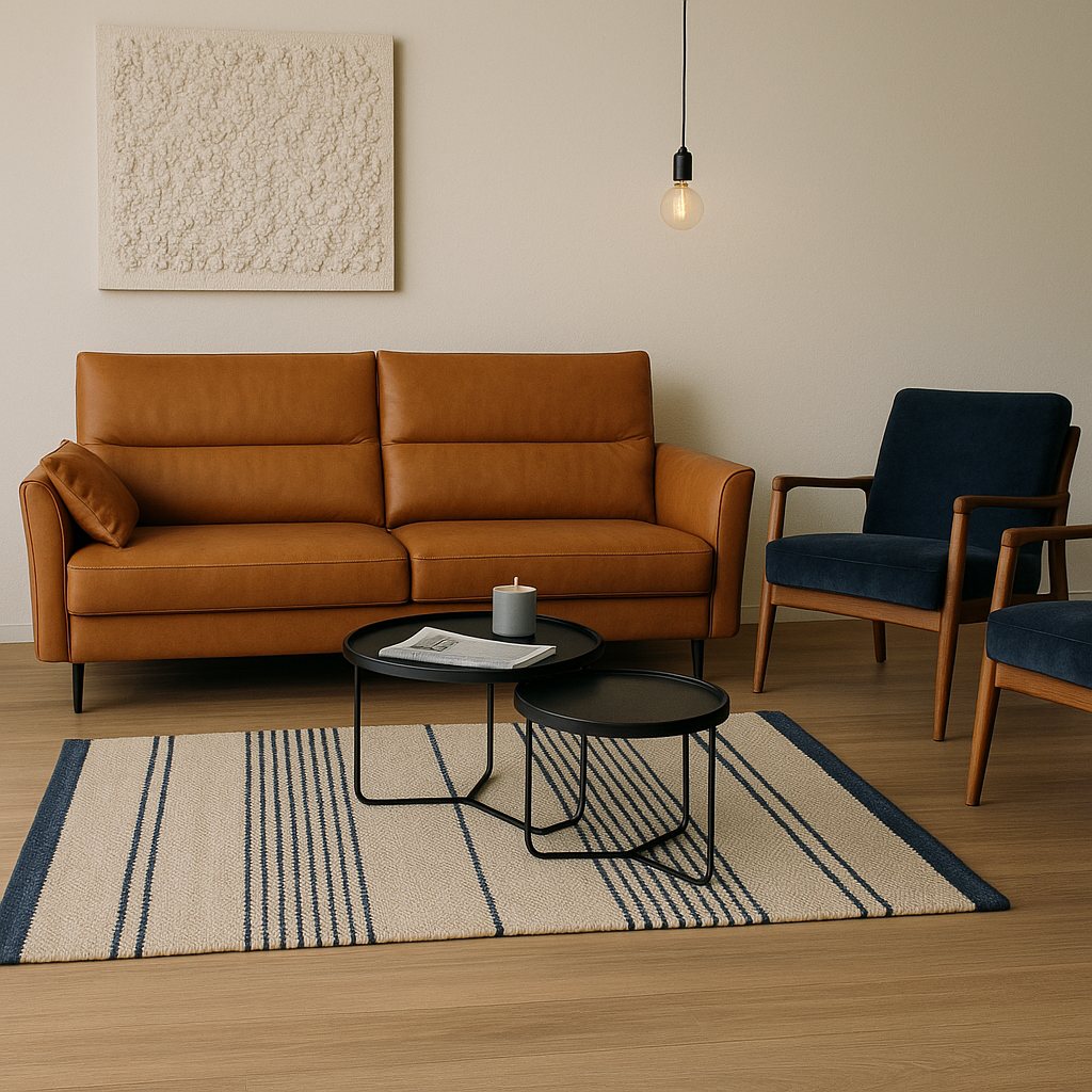 Tapis tissé main beige à rayures marine intégré dans un salon moderne, devant un canapé