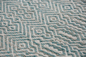 Gros plan sur motifs géométriques blanc et turquoise d’un tapis en PET recyclé, texture résistante, usage tout terrain