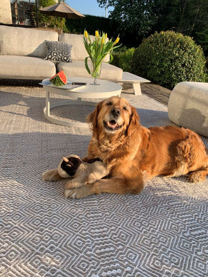 Tapis ethnique géométrique en PET recyclé installé sur terrasse extérieure, ambiance cosy