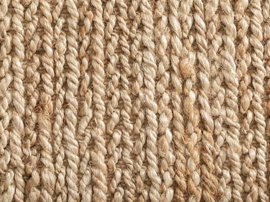 Détail de la texture du tapis en jute beige, fibres tressées et nuances naturelles du matériau
