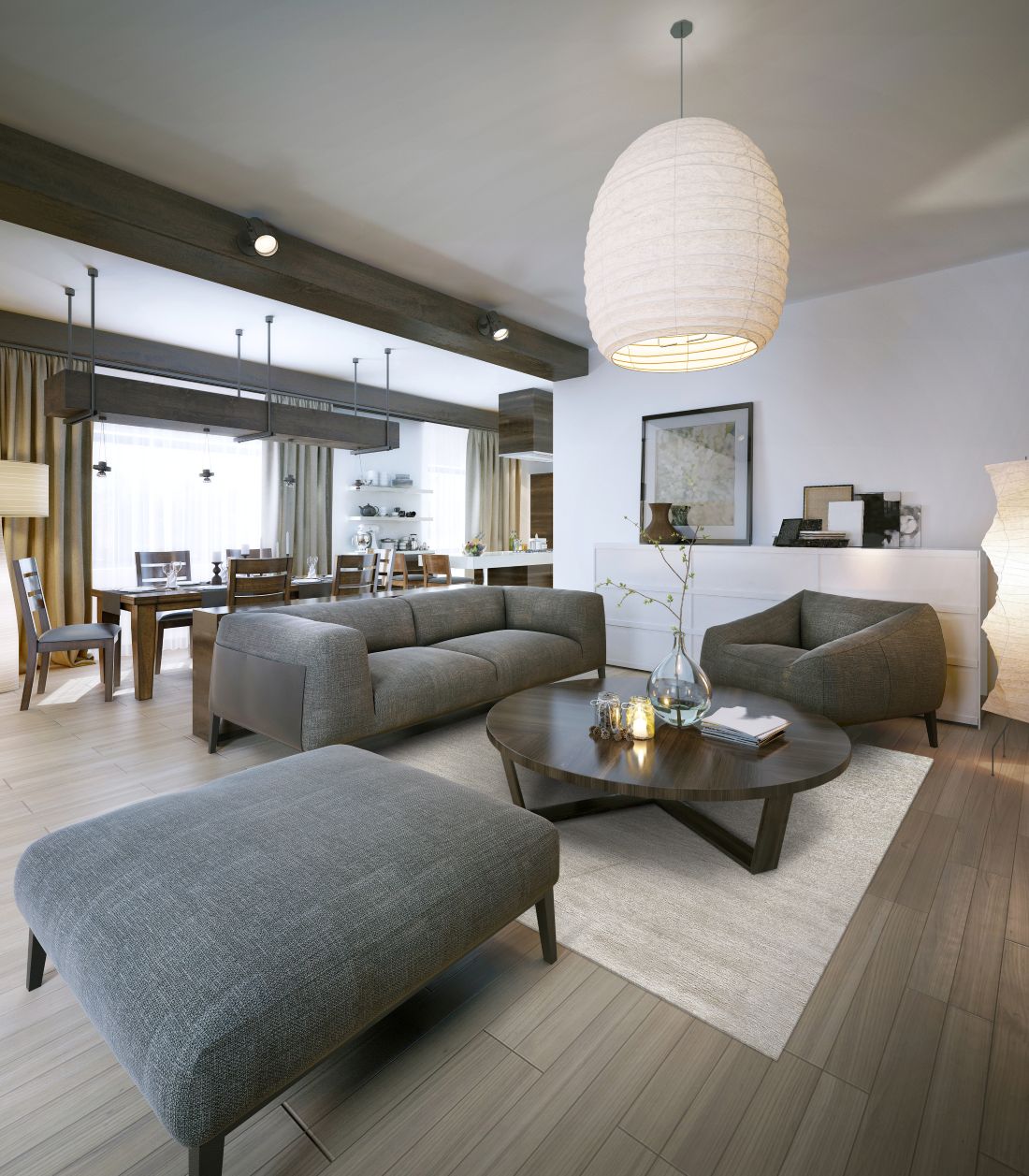 Tapis soyeux en soie de bambou ivoire placé dans un salon moderne, ajoutant luminosité et sophistication