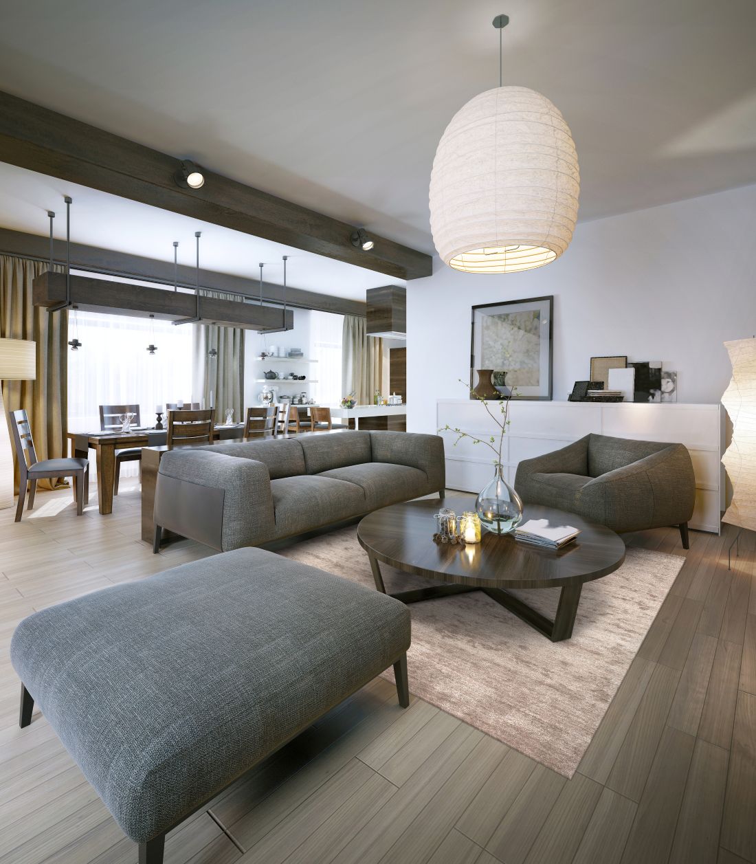 Tapis en soie de bambou marron clair intégré dans un salon moderne, apportant chaleur, douceur et esthétique raffinée