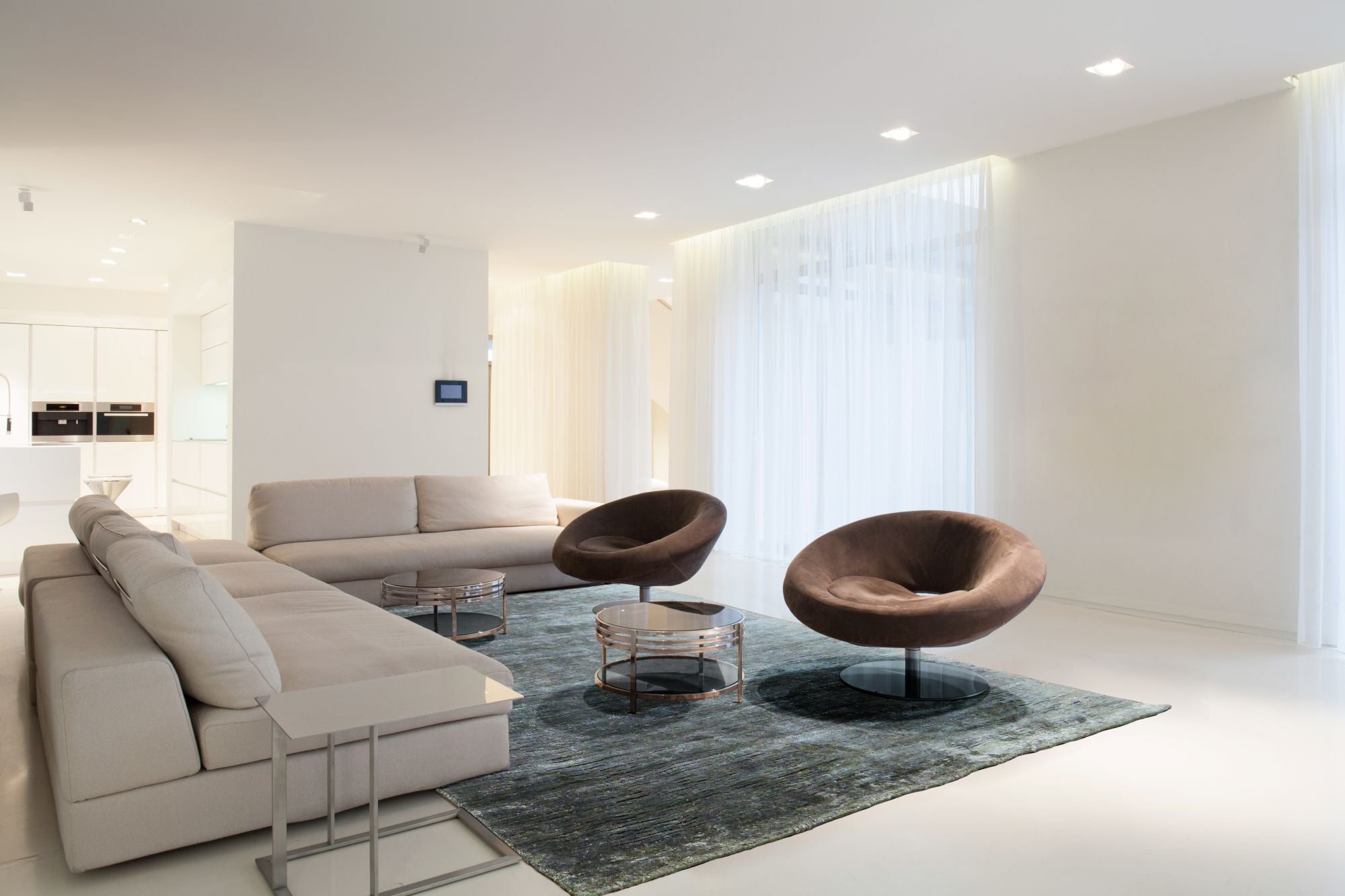 Tapis en soie de bambou gris-vert intégré dans un salon moderne, apportant douceur et élégance