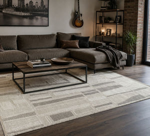 Tapis contemporain à motifs en Laine de NZ Gris et Blanc avec Franges - Sahir (250x350)