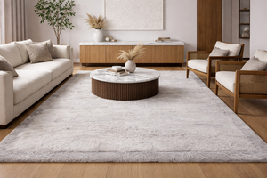 Soft light-grey shaggy rug with a subtle patchwork texture and plush surface, shown in a modern living room with wooden furniture and a round marble coffee table.170x240 rug size
