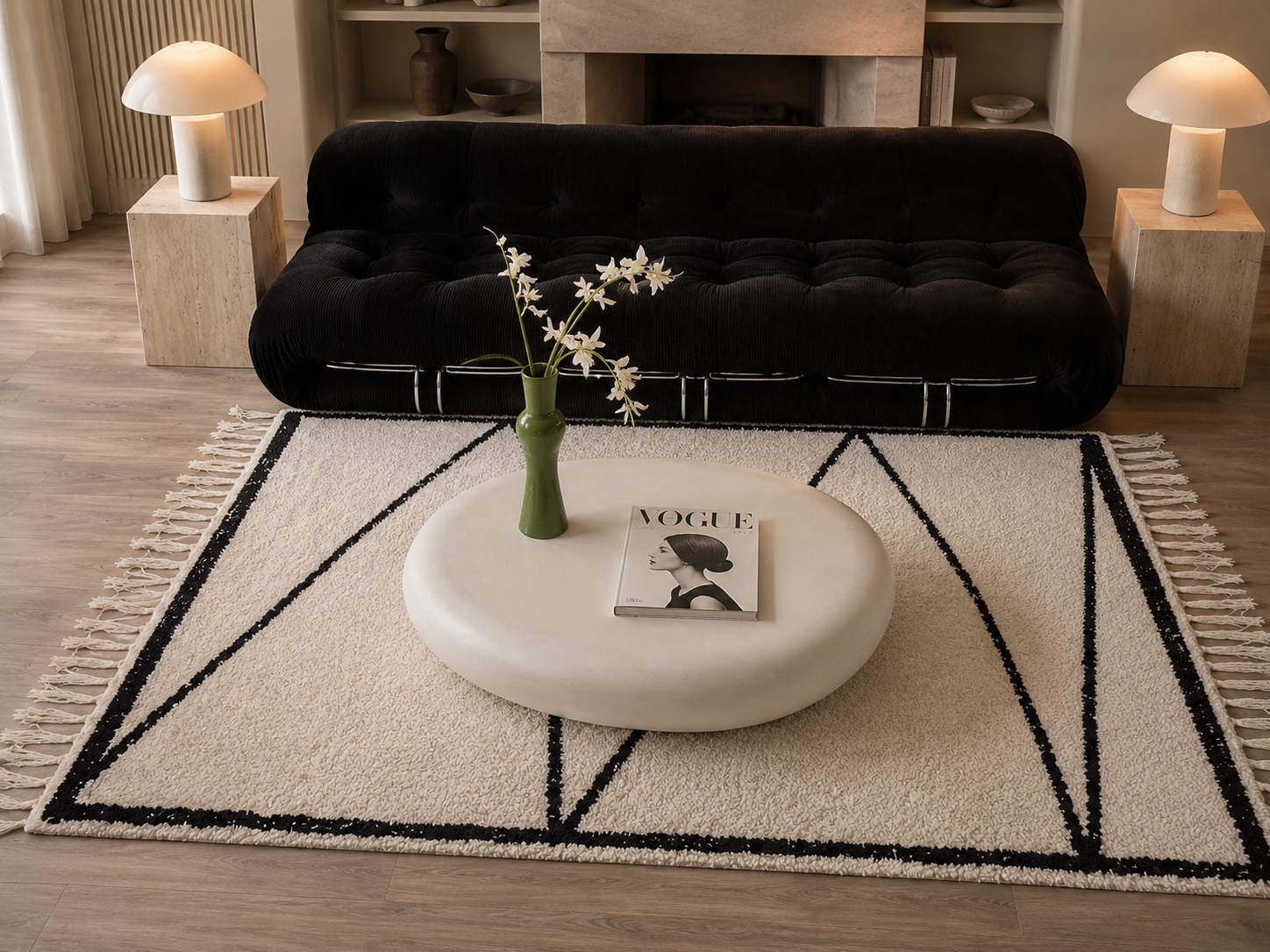 Zacco -Tapis Géométrique Noir et Blanc Épais (4 cm)