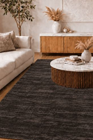 Large Pacific Rug – Plain Black – New Zealand Wool & Viscose, Hand-Knotted