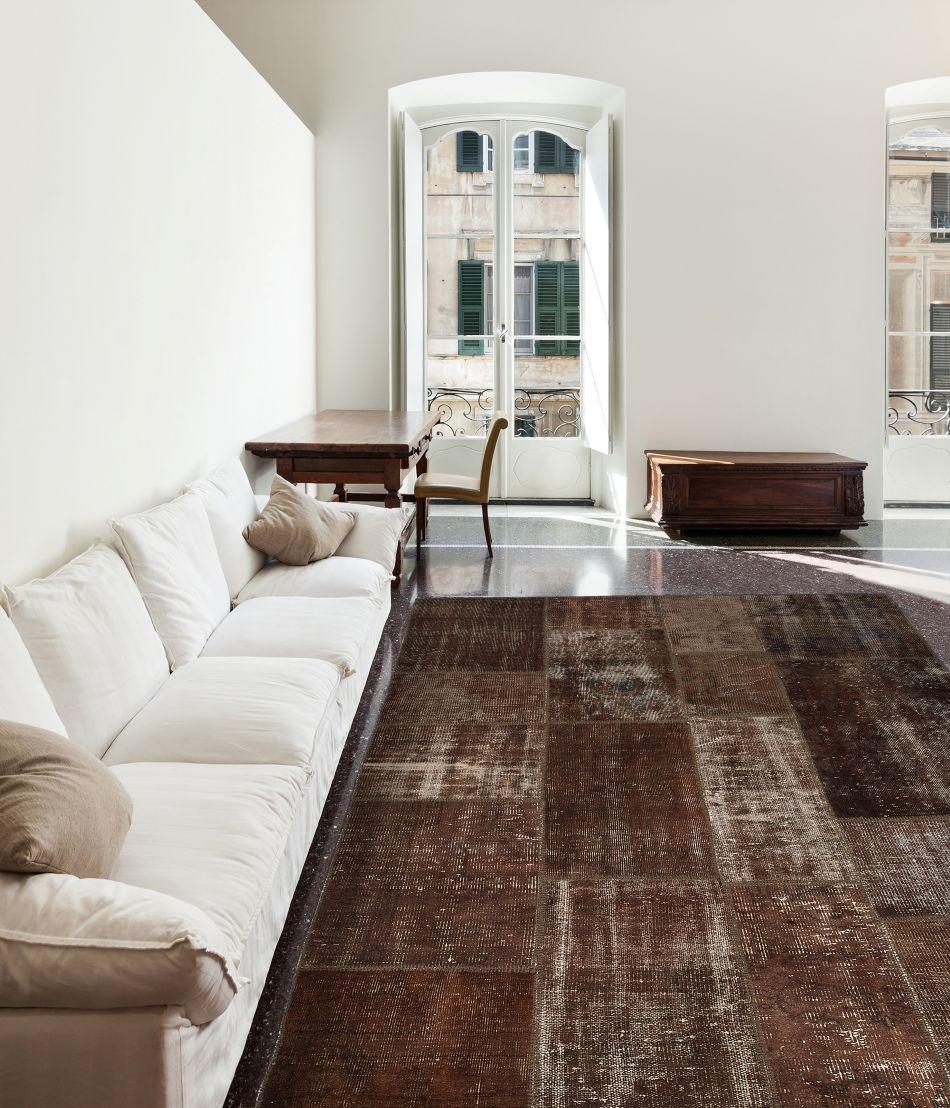 Tapis Up Square Marron – Patchwork de Laine & Coton Recyclés - Tapis Contemporains à Prix Outlet - Bel-Deco