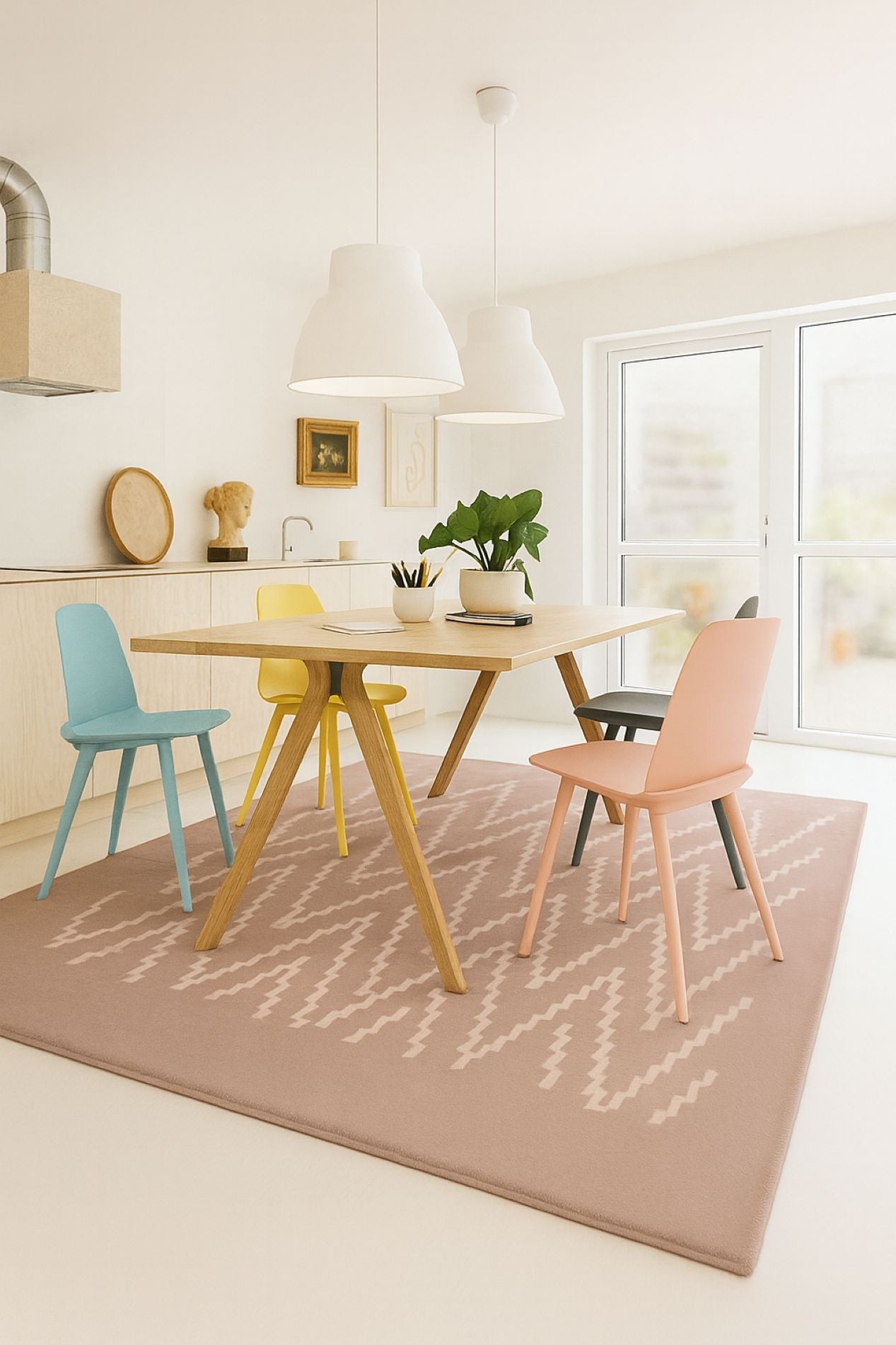Tapis rose pâle à motif chevron intégré dans une salle à manger, harmonie avec mobilier et décoration