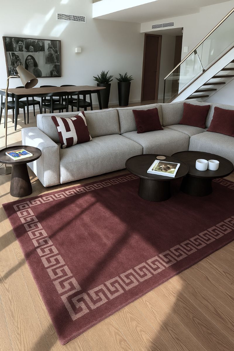 Tapis motifs grecs marron bronze intégré dans un salon, décoration intérieure chaleureuse