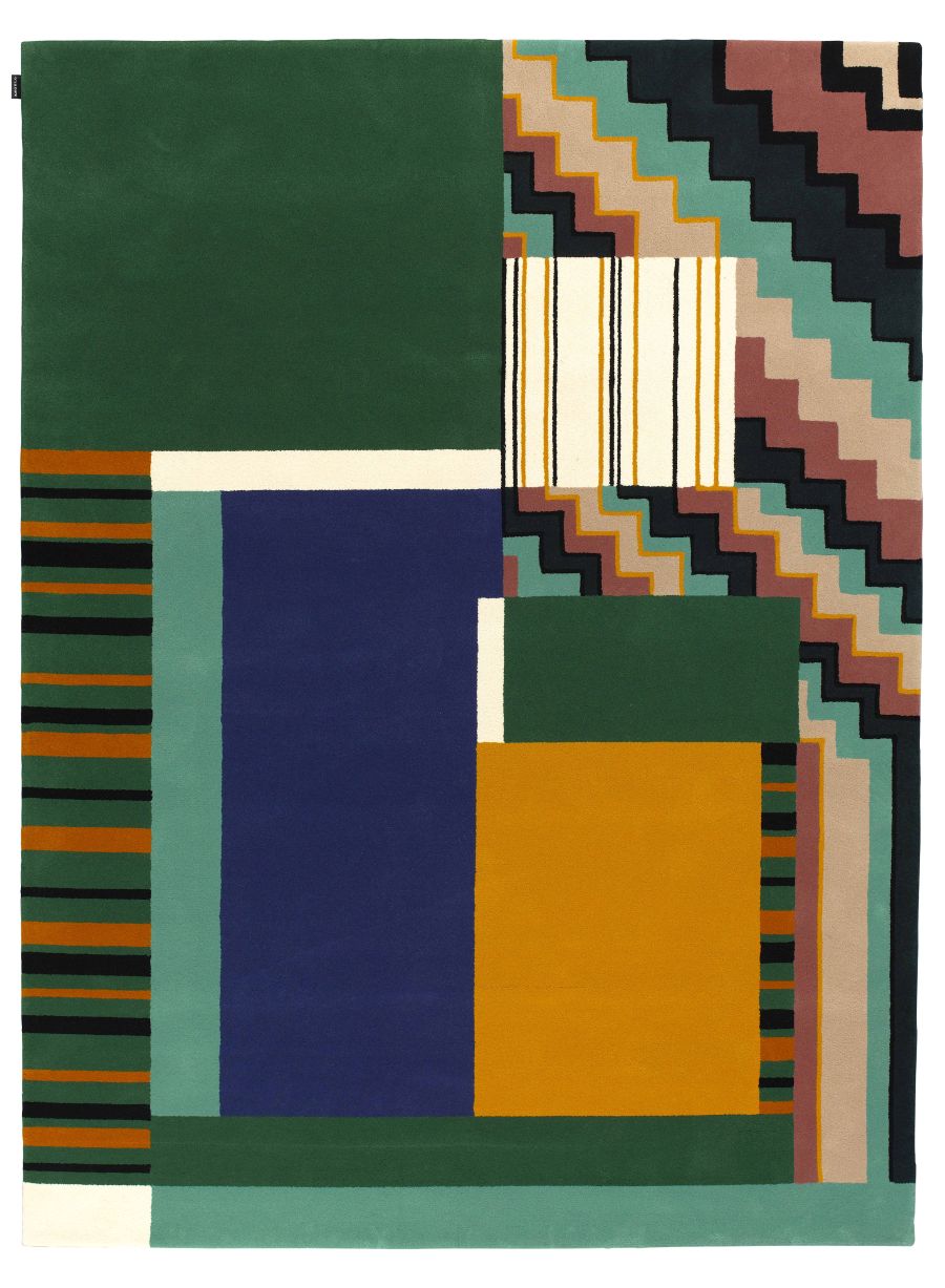Tapis de designer géométrique aux nuances de beige et lignes en viscose crème brillante 640-TKDOD-632 par Thomas King pour angelorugs, en vente chez Bel-Deco.
