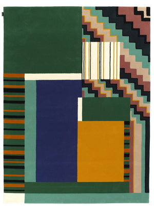 Tapis de designer géométrique aux nuances de beige et lignes en viscose crème brillante 640-TKDOD-632 par Thomas King pour angelorugs, en vente chez Bel-Deco.