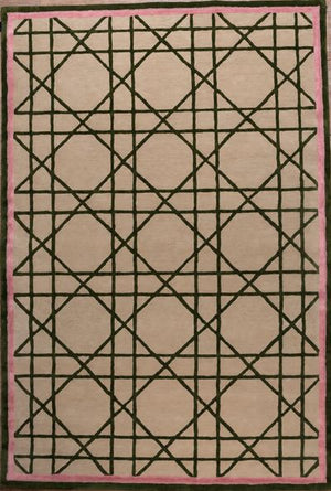 Tapis Rose et Vert Haut de Gamme en Laine & Viscose - Design Géométrique (200x300)