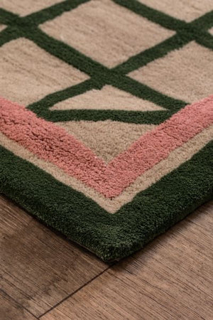 Tapis Rose et Vert Haut de Gamme en Laine & Viscose - Design Géométrique (200x300)
