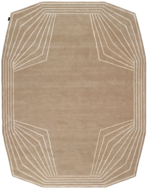 Tapis de designer géométrique aux nuances de beige et lignes en viscose crème brillante 640-TKDOD-632 par Thomas King pour angelorugs, en vente chez Bel-Deco.
