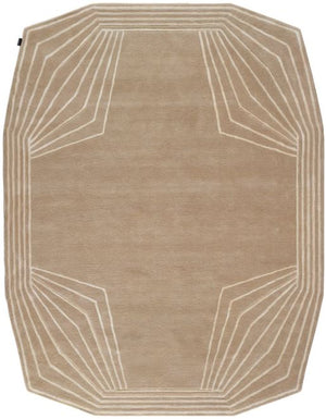 Tapis de designer géométrique aux nuances de beige et lignes en viscose crème brillante 640-TKDOD-632 par Thomas King pour angelorugs, en vente chez Bel-Deco.
