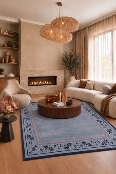 Hand-knotted floral rug in wool and silk