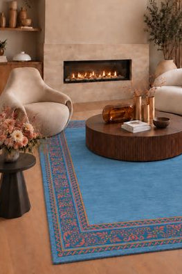 Blue floral pattern wool and silk rug
