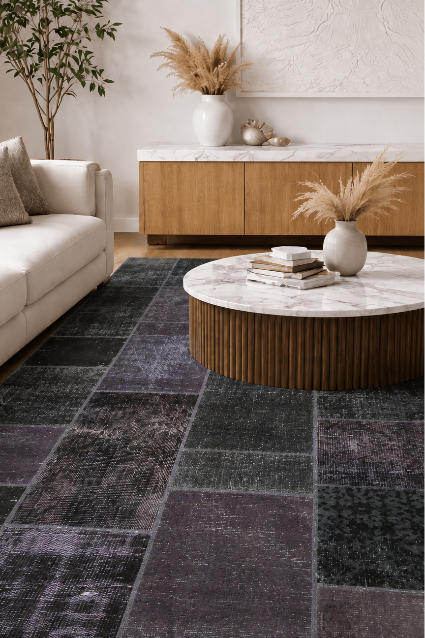 Tapis Vintage Up Square Gris Foncé – Patchwork Recyclé Laine & Coton (140x200)