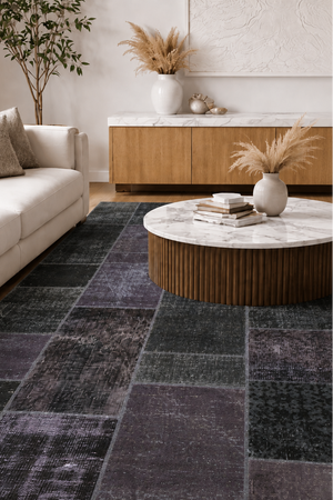 Tapis Vintage Up Square Gris Foncé – Patchwork Recyclé Laine & Coton (140x200)