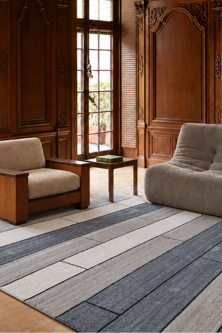 Grey Striped Wool and Viscose Rug – Mutza, in a living room