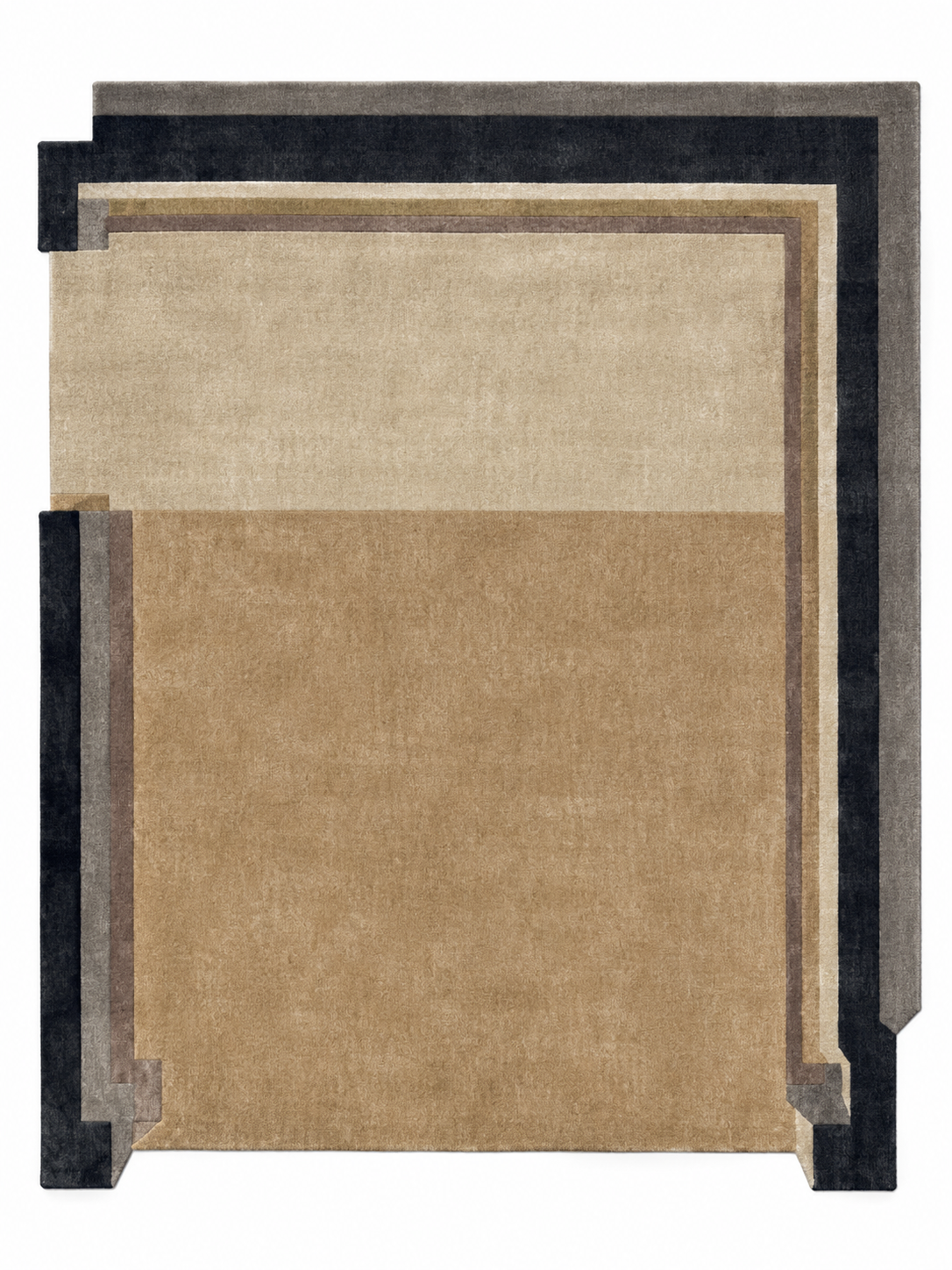 Tapis de designer géométrique asymétrique Metric Multicolour 640-TKMET630 par Thomas King pour angelorugs, nuances sable, ocre et noir, chez Bel-Deco.

