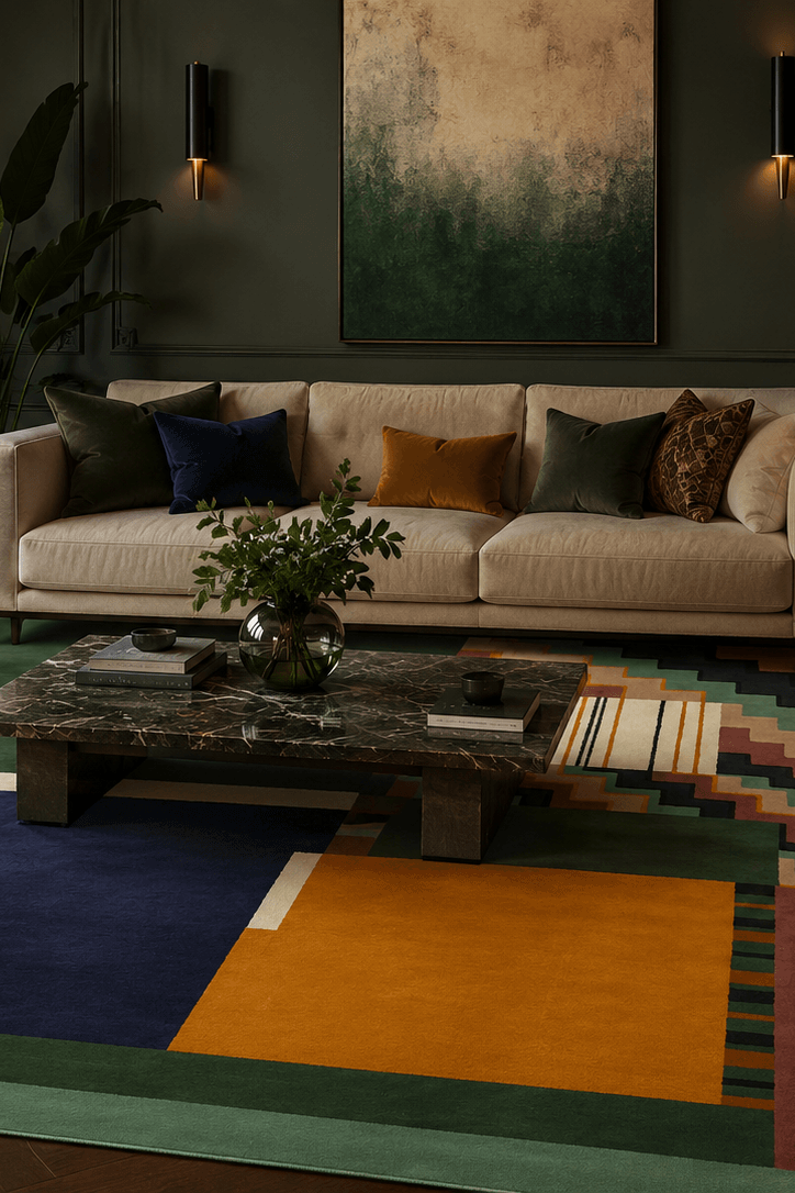 Tapis de Designer multicolore à formes géométriques Signature par L.H. De Koninck -  en Laine et Viscose
