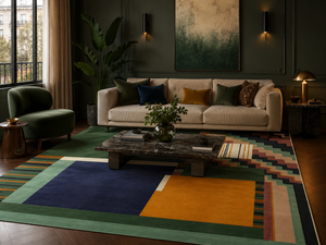 Tapis de designer géométrique aux nuances de beige et lignes en viscose crème brillante 640-TKDOD-632 par Thomas King pour angelorugs, en vente chez Bel-Deco.