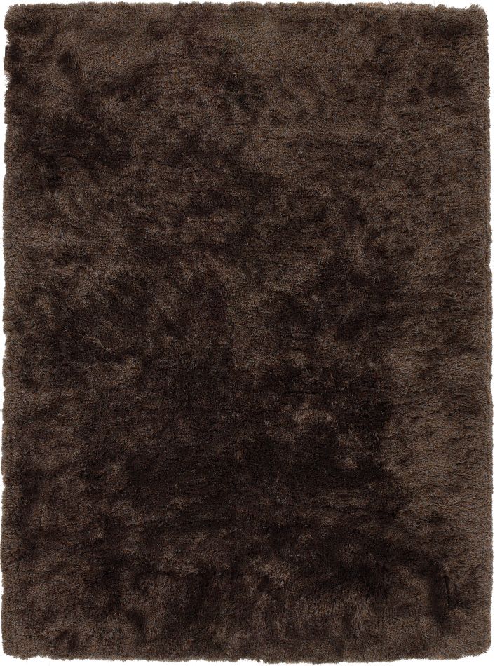 Tapis élégant à mèches longues en polyester marron foncé, présenté de face, texture douce et soyeuse