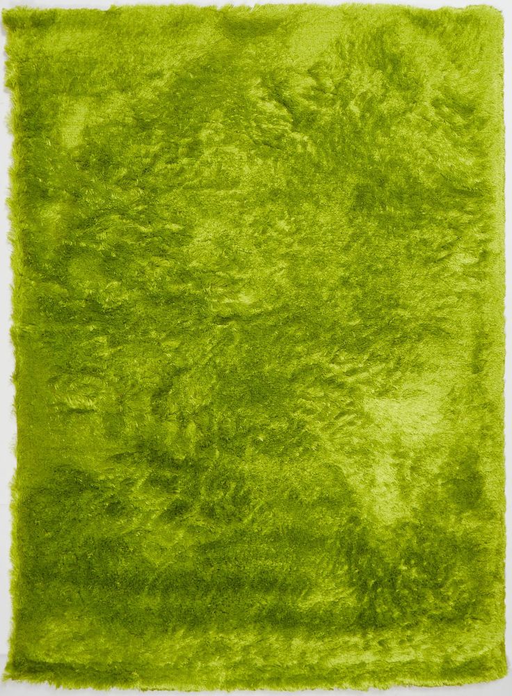 Tapis à mèches longues vert élégant en polyester, vue de face montrant sa texture soyeuse