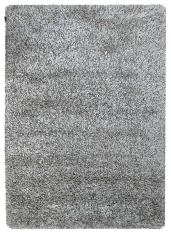Tapis à poils longs gris taupe brillant vu de face, texture douce et élégante pour salon moderne