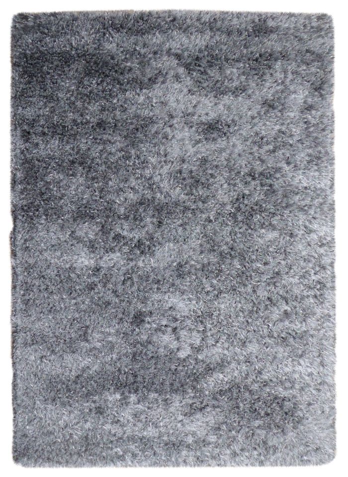 Tapis à poils longs gris argent élégant vu de face, texture douce et aspect brillant