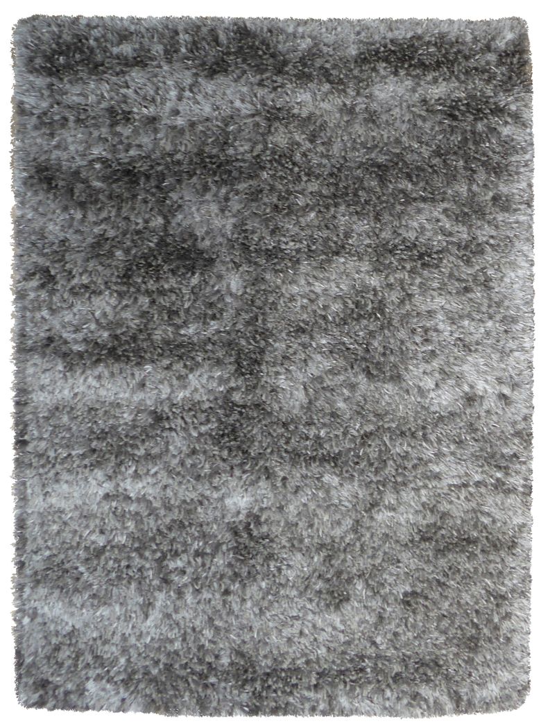 Tapis à poils longs gris brillant vu de face, texture douce et aspect élégant