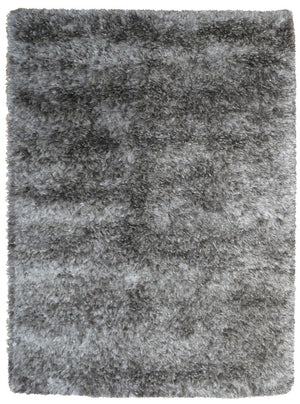Tapis à poils longs gris brillant vu de face, texture douce et aspect élégant