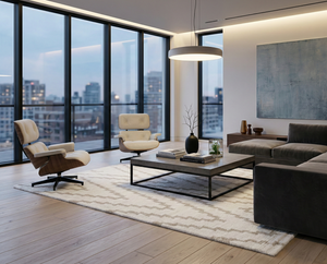 Auberginefarbener, geometrischer Teppich aus neuseeländischer Wolle und Viskose