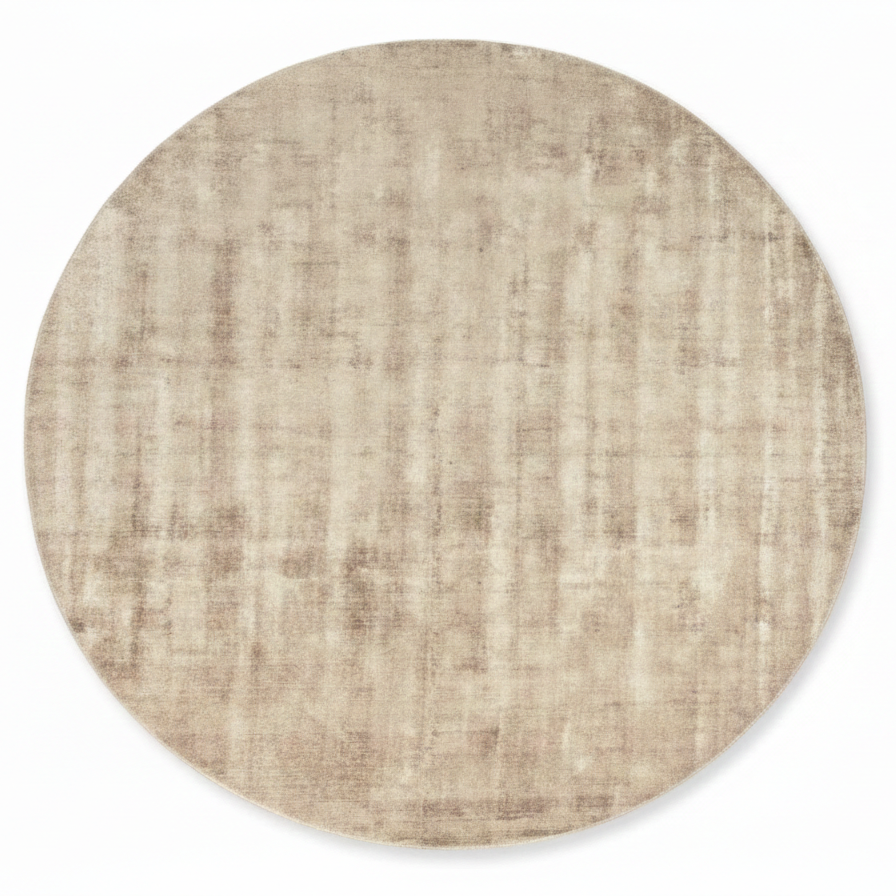Top-down view of a circular rug with a distressed, textured pattern in shades of beige and taupe on a white background.