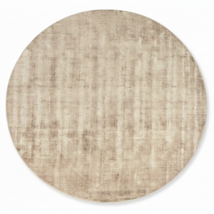 Top-down view of a circular rug with a distressed, textured pattern in shades of beige and taupe on a white background.