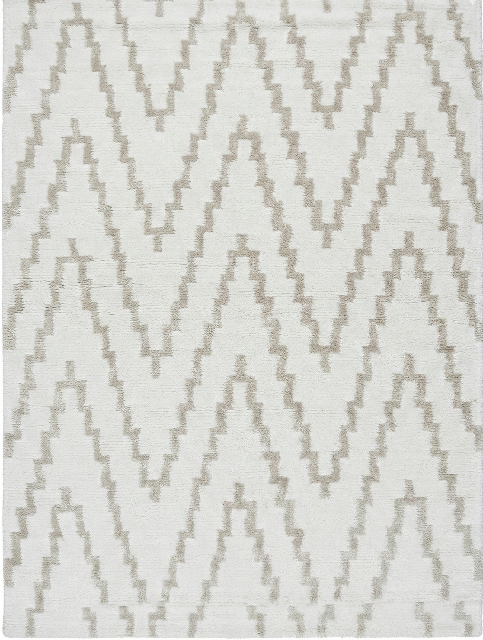 Auberginepaars geometrisch patroon vloerkleed van Nieuw-Zeelandse wol en viscose.