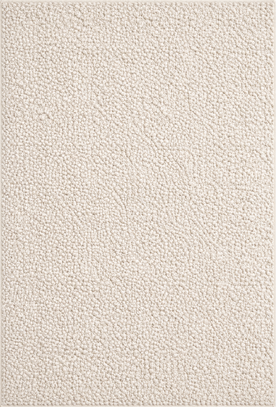 Top-down view of a rectangular off-white wool rug with a chunky looped texture and soft, plush surface on a neutral background.
