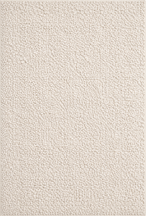 Top-down view of a rectangular off-white wool rug with a chunky looped texture and soft, plush surface on a neutral background.
