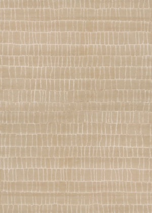 Tapis luxueux aux formes irrégulières beige en laine et viscose, vu de face sur fond neutre