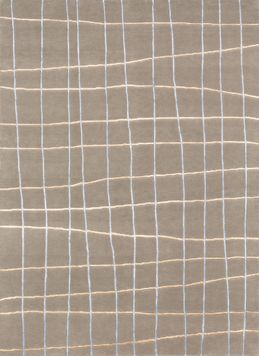 Tapis luxueux aux formes irrégulières en laine et viscose taupe, avec détails colorés, vu de face