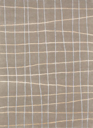 Tapis luxueux aux formes irrégulières en laine et viscose taupe, avec détails colorés, vu de face